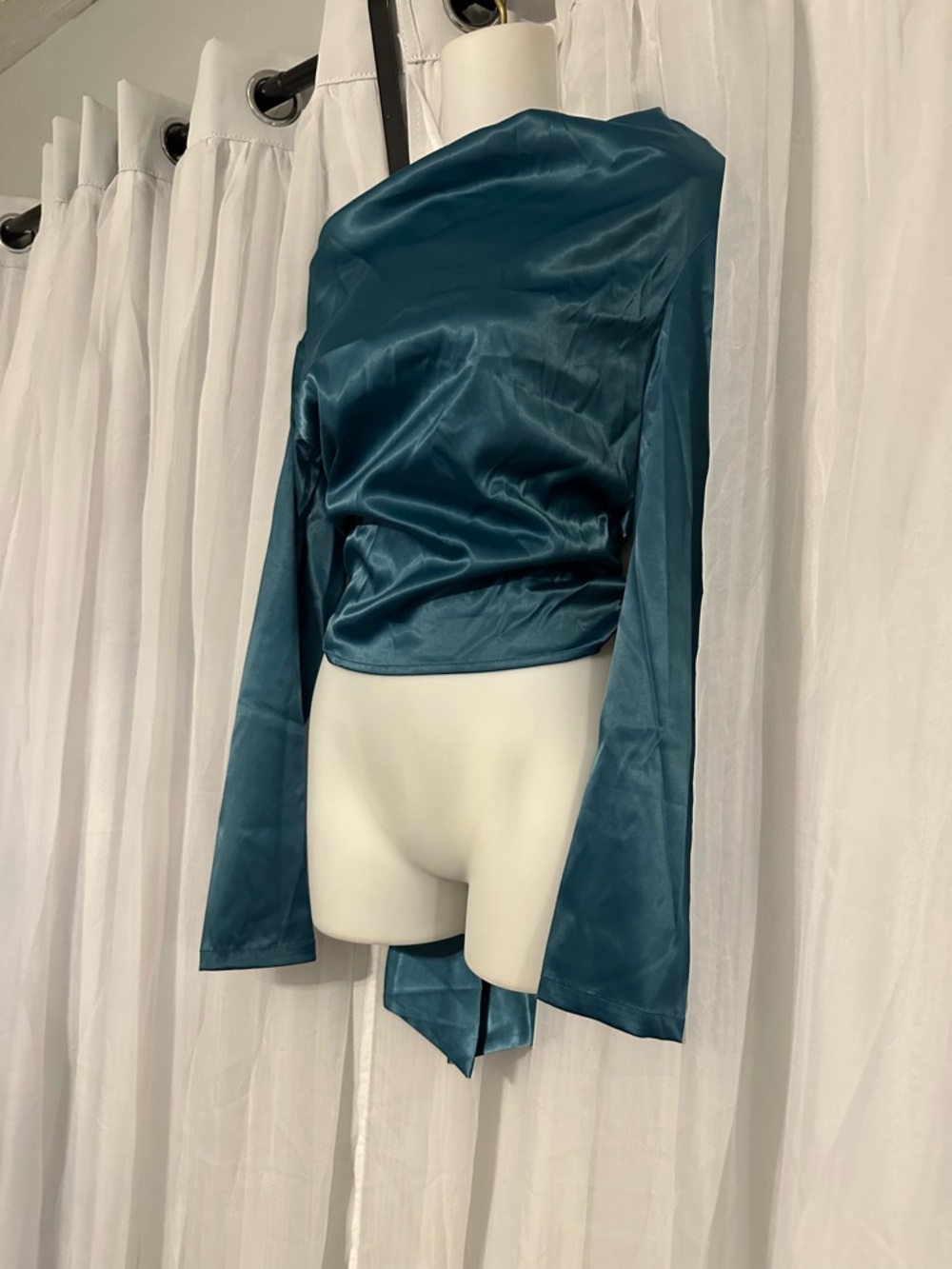 Lulu's Satin Blouse in Deep Teal with Long Sleeves and Open Back and Bow Tie - Picture 2 of 12